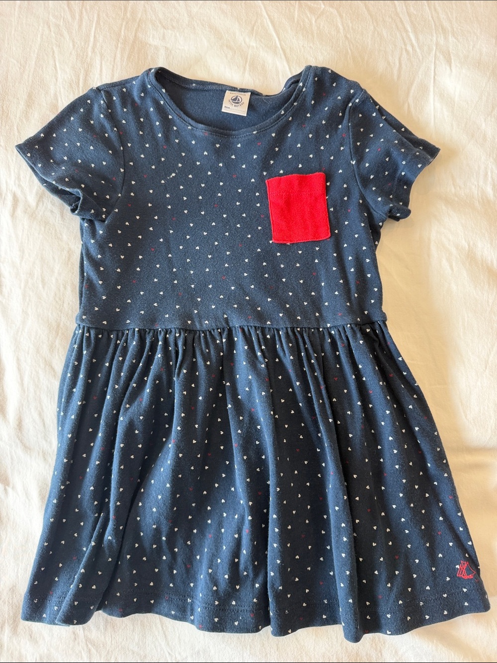 Petit Bateau Navy Dress with Red Pocket and Tiny Hearts